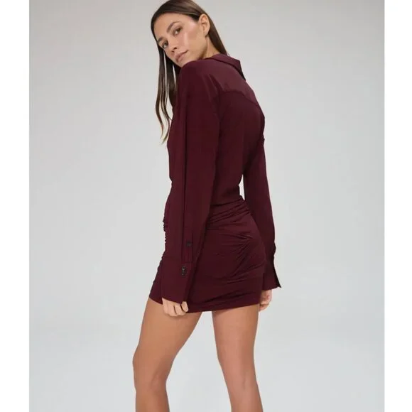 ADAPTE (NWT) Jamie Button Up Long Sleeve Mini Dress, Burgundy, Size XS - Picture 3 of 13